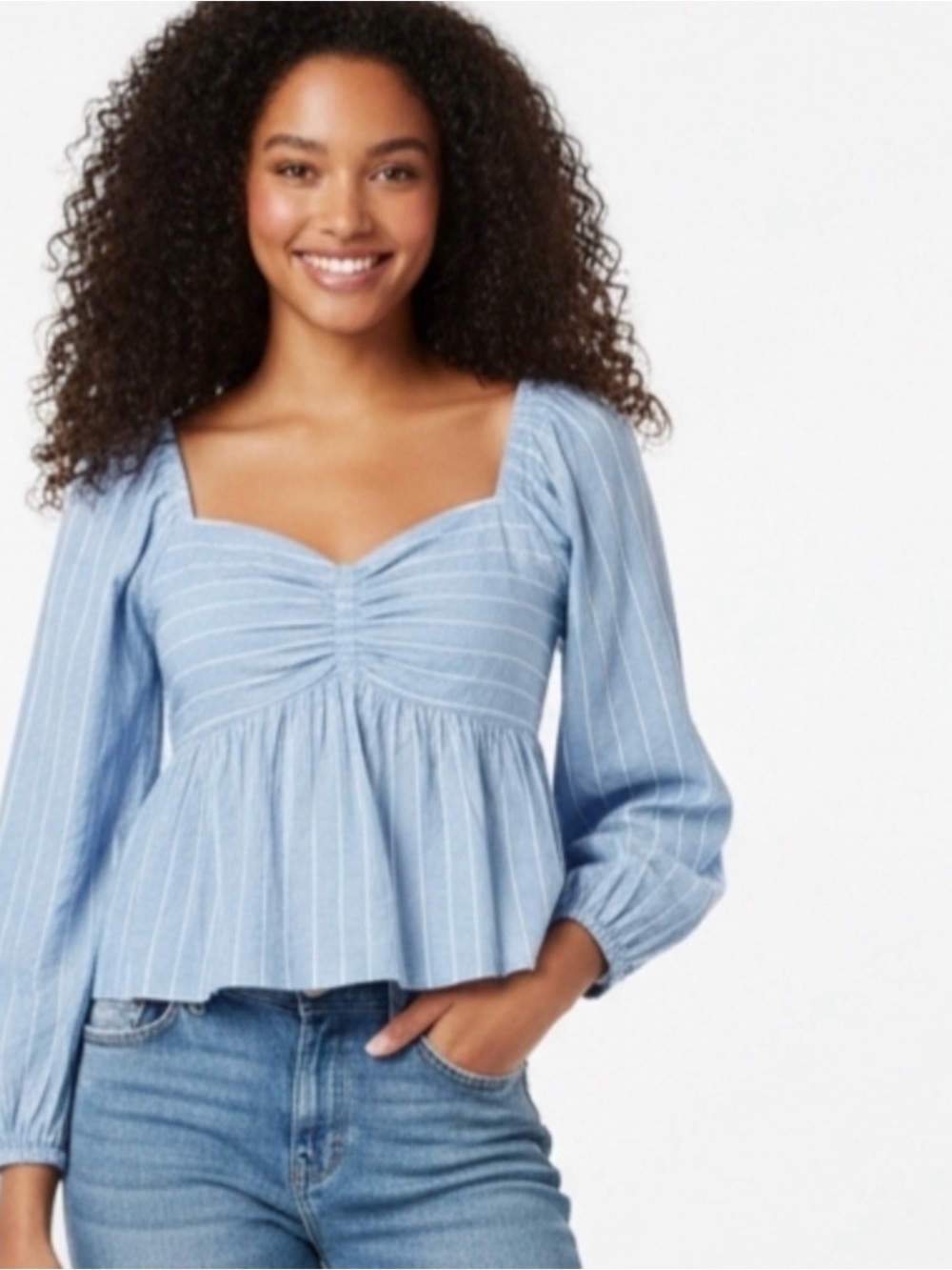 NWT Old Navy Sweetheart Neckline Puff Sleeve Top Blue Stripe- Size Large